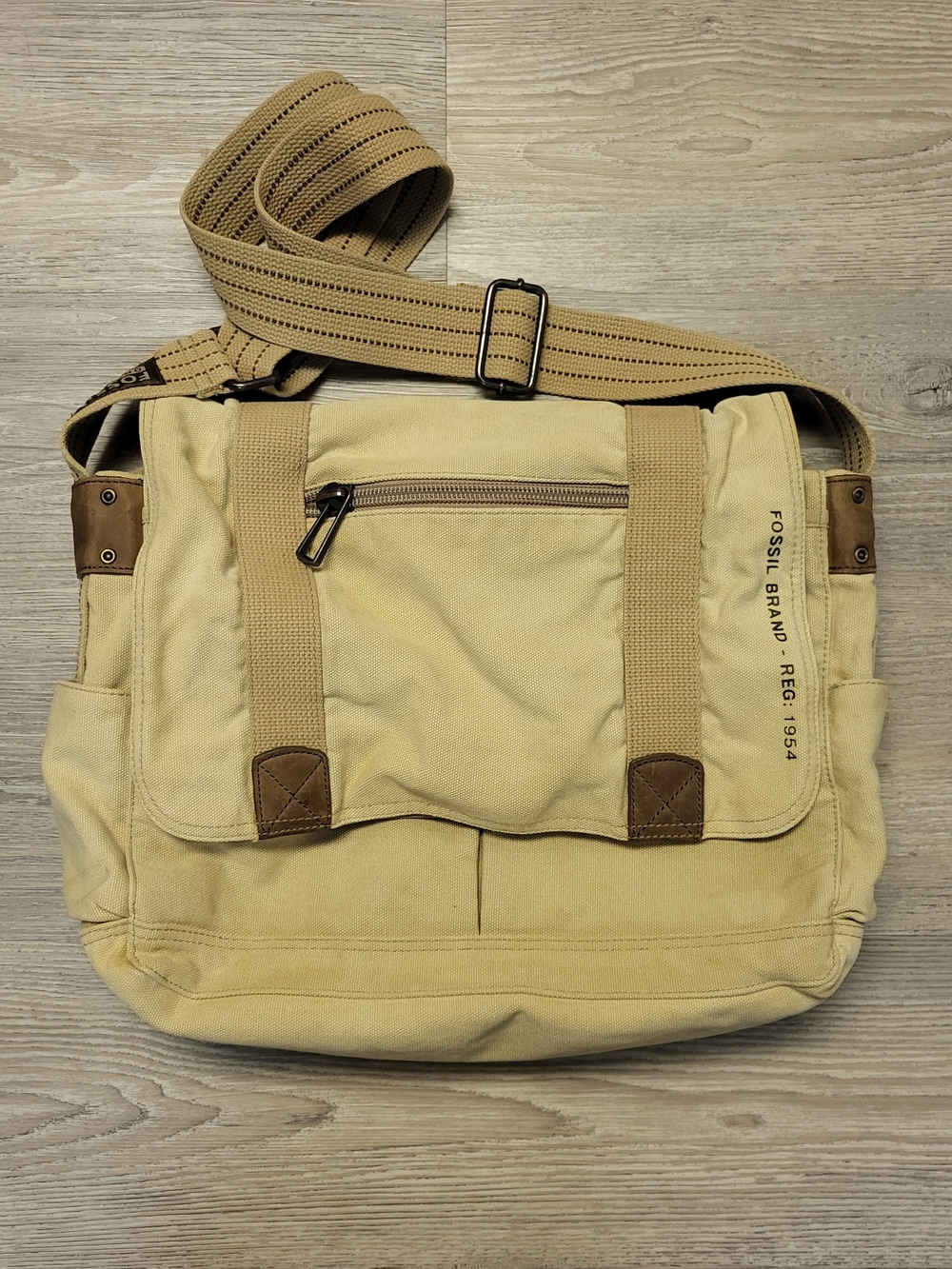Fossil Tan Canvas Messenger Bag with Brown Trim